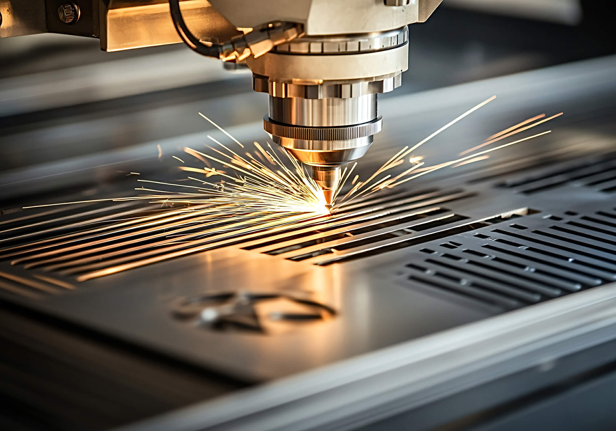 Lasergraveermachine graveert een metalen onderdeel, met opspattende vonken.